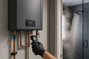 Tankless water heater temperature diagnosis with hot and cold isolation valves and an active shower visible
