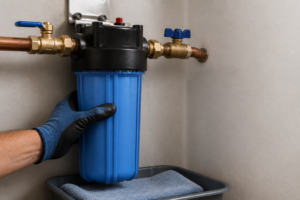 Whole-house water filter housing leaking at the cap seam after a cartridge change