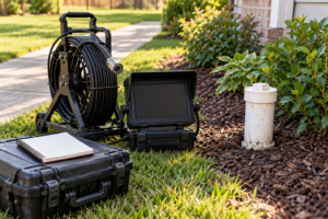 AI-generated illustration of sewer inspection equipment beside a residential outdoor cleanout, prepared for a discussion of underground repair scope. No actual client job is depicted.